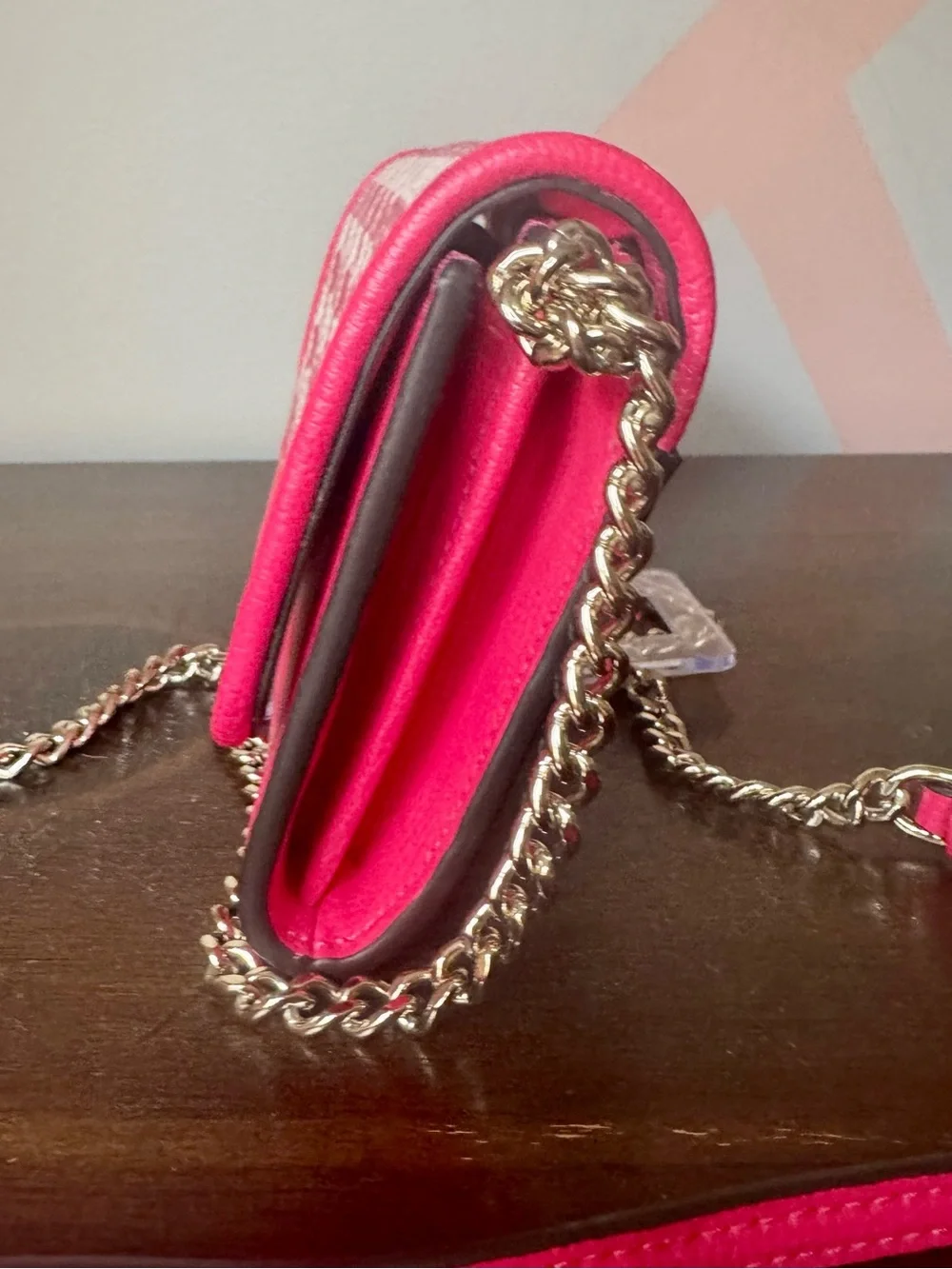 kate spade Pink & White Woven Crossbody Wallet with Gold Chain